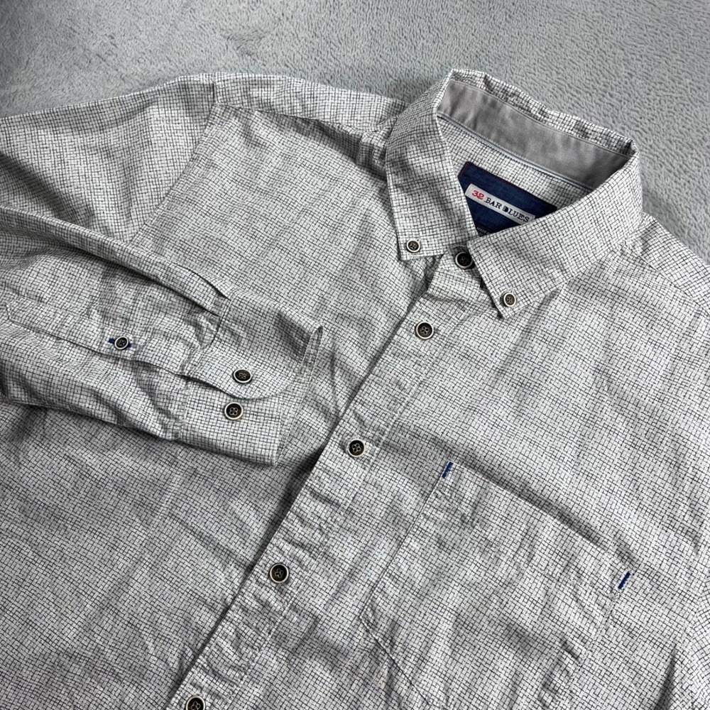 32 Bar Blues Mens Large Button Down Shirt Long Sleeve Micro Grid Black White
